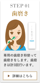 STEP01歯磨き、美歯口を使って歯磨きをします。歯磨きは計3回行います。ブラシで磨き、汚れを落とします。上下の前歯を中心に、木に夏歯の表面を磨いてください。