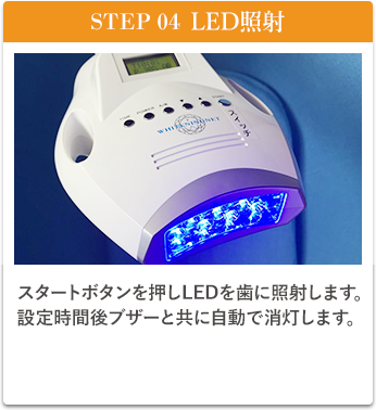 STEP04LED照射、スタートボタンを押しスタートボタンを押しLEDを歯に照射します。設定時間後はブザーとともに自動で消灯します。