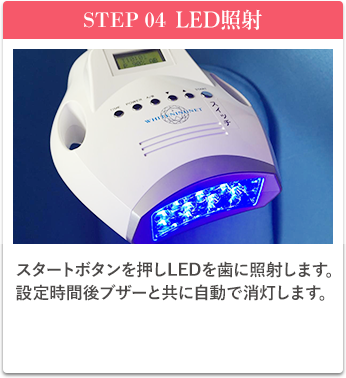 STEP04LED照射、スタートボタンを押しスタートボタンを押しLEDを歯に照射します。設定時間後はブザーとともに自動で消灯します。